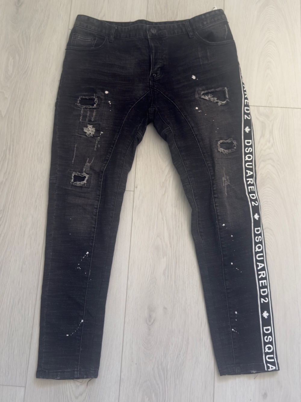 DSQUARED2 Men’s Black Distressed Skinny Jeans with Side Logo Tape